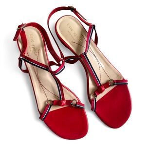 Kate Spade Red Leather Bow T-Strap Flat Sandals with Ankle Strap Preppy Shoes 8